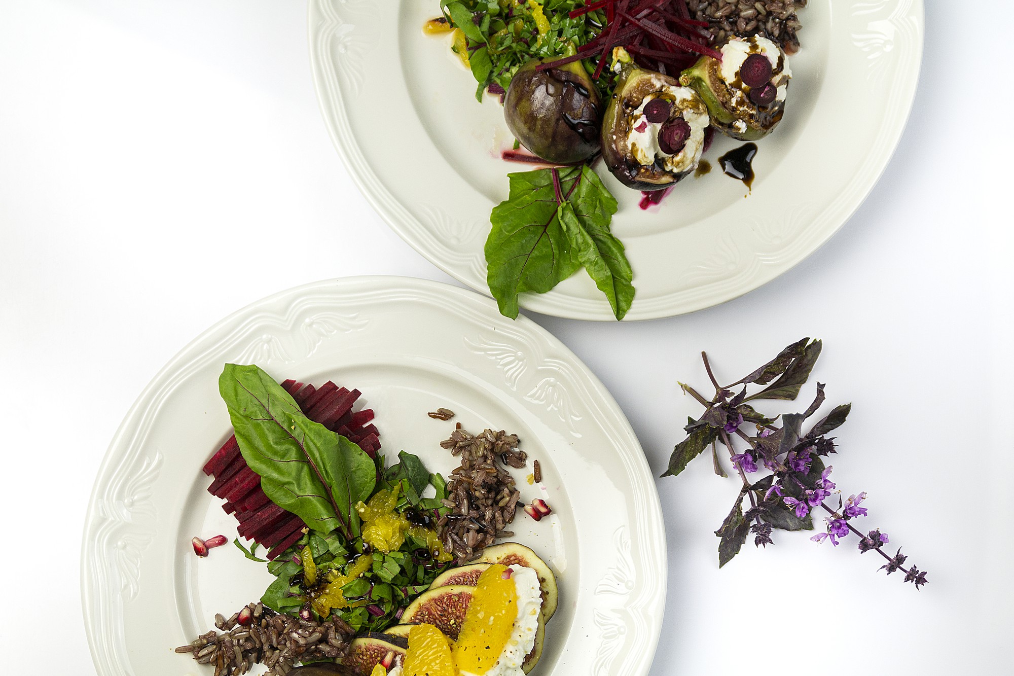 Plated seasonal starter with herbs
